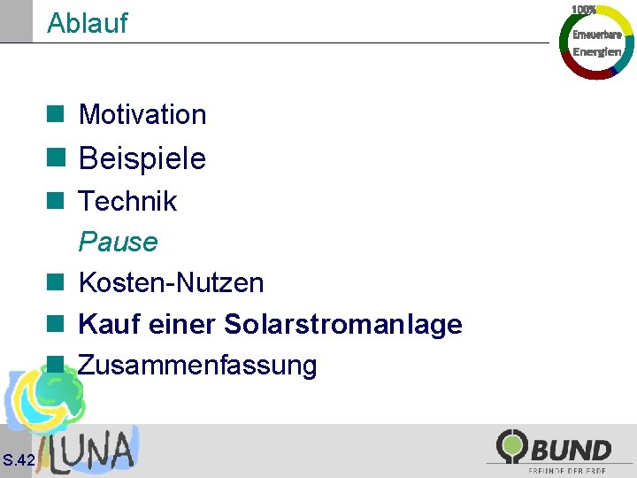 Ablauf n Motivation n Beispiele n Technik Pause n Kosten-Nutzen n Kauf einer Solarstromanlage