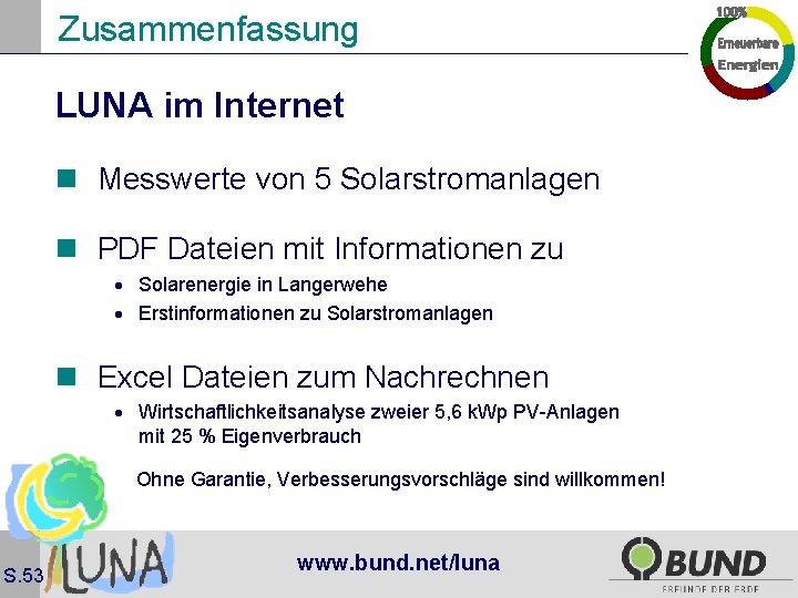 Zusammenfassung LUNA im Internet n Messwerte von 5 Solarstromanlagen n PDF Dateien mit Informationen
