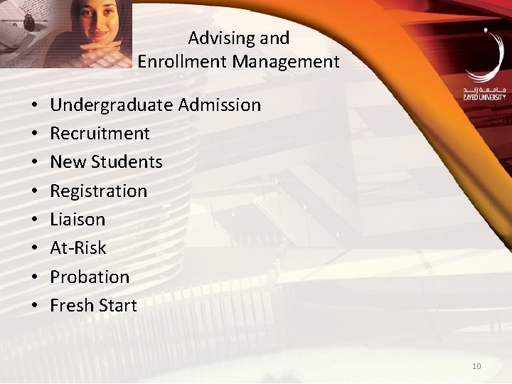 Advising and Enrollment Management • • Undergraduate Admission Recruitment New Students Registration Liaison At-Risk