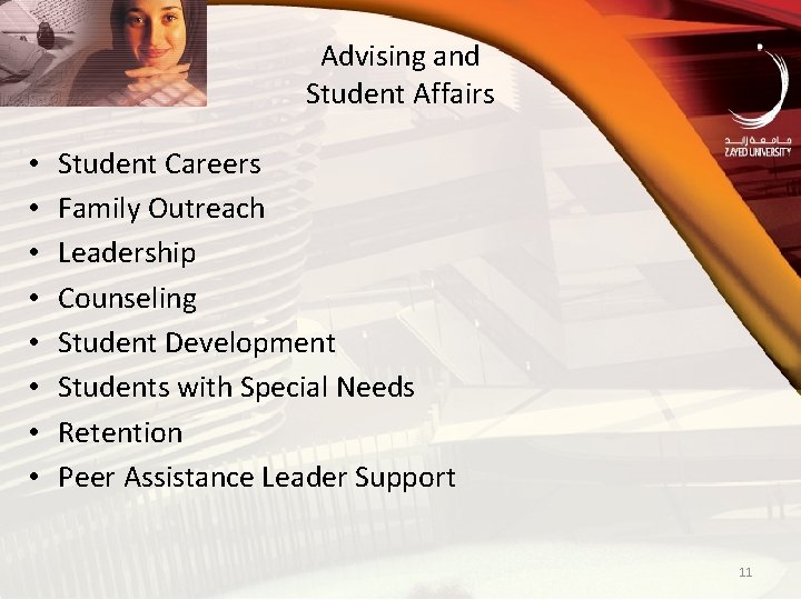 Advising and Student Affairs • • Student Careers Family Outreach Leadership Counseling Student Development
