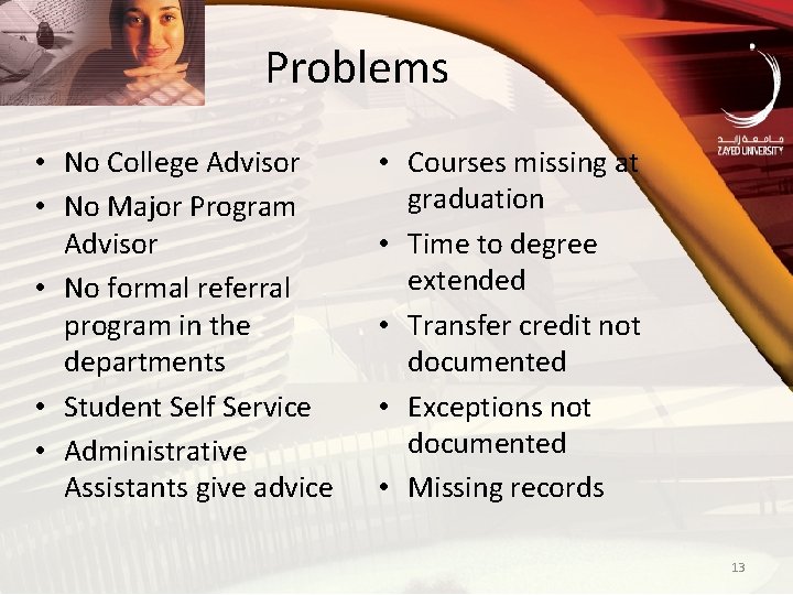 Problems • No College Advisor • No Major Program Advisor • No formal referral