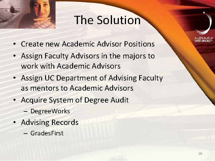 The Solution • Create new Academic Advisor Positions • Assign Faculty Advisors in the