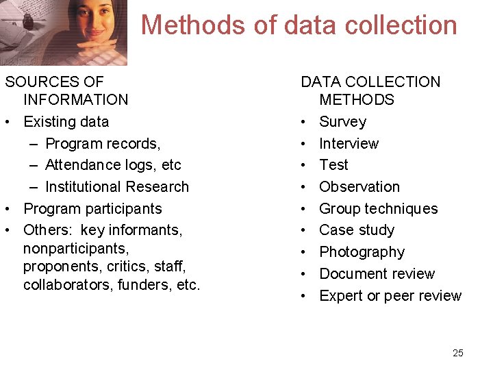 Methods of data collection SOURCES OF INFORMATION • Existing data – Program records, –