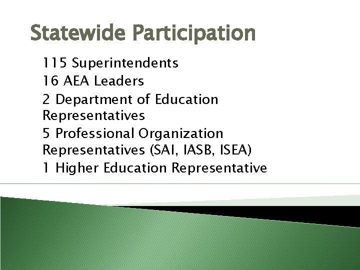 Statewide Participation 115 Superintendents 16 AEA Leaders 2 Department of Education Representatives 5 Professional