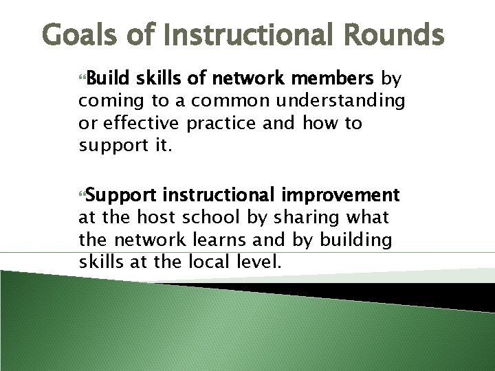 Goals of Instructional Rounds Build skills of network members by coming to a common