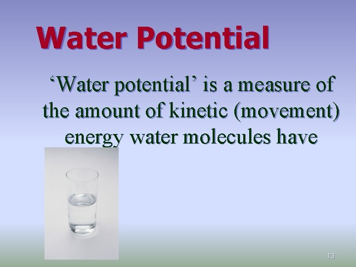 Water Potential ‘Water potential’ is a measure of the amount of kinetic (movement) energy