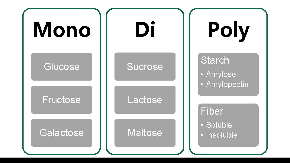 Mono Di Glucose Sucrose Fructose Lactose Poly Starch • Amylose • Amylopectin Fiber Galactose