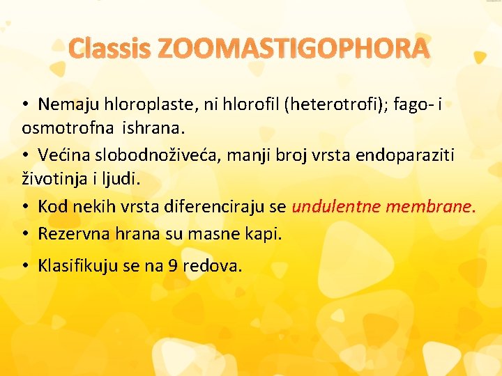 Classis ZOOMASTIGOPHORA • Nemaju hloroplaste, ni hlorofil (heterotrofi); fago- i osmotrofna ishrana. • Većina