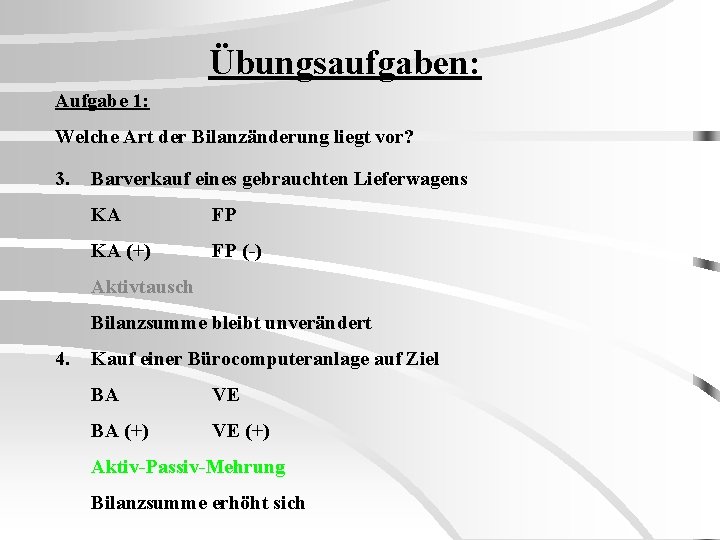 Übungsaufgaben: Aufgabe 1: Welche Art der Bilanzänderung liegt vor? 3. Barverkauf eines gebrauchten Lieferwagens