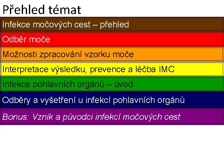 Přehled témat Infekce močových cest – přehled Odběr moče Možnosti zpracování vzorku moče Interpretace