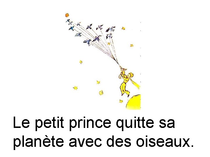 Le petit prince quitte sa planète avec des oiseaux. 