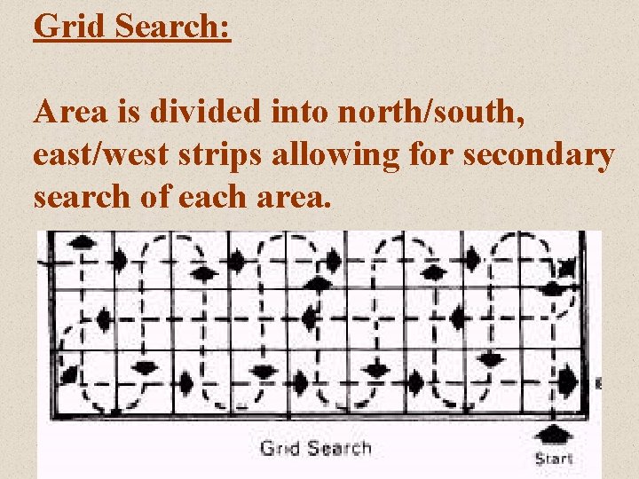 Grid Search: Area is divided into north/south, east/west strips allowing for secondary search of