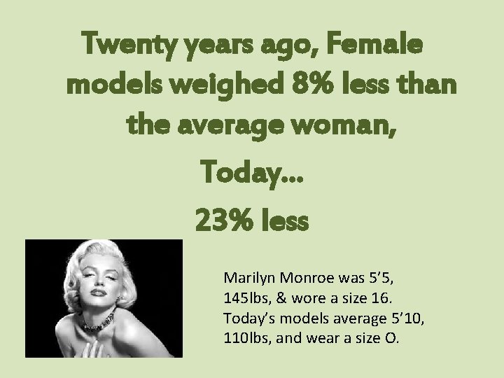 Twenty years ago, Female models weighed 8% less than the average woman, Today… 23%