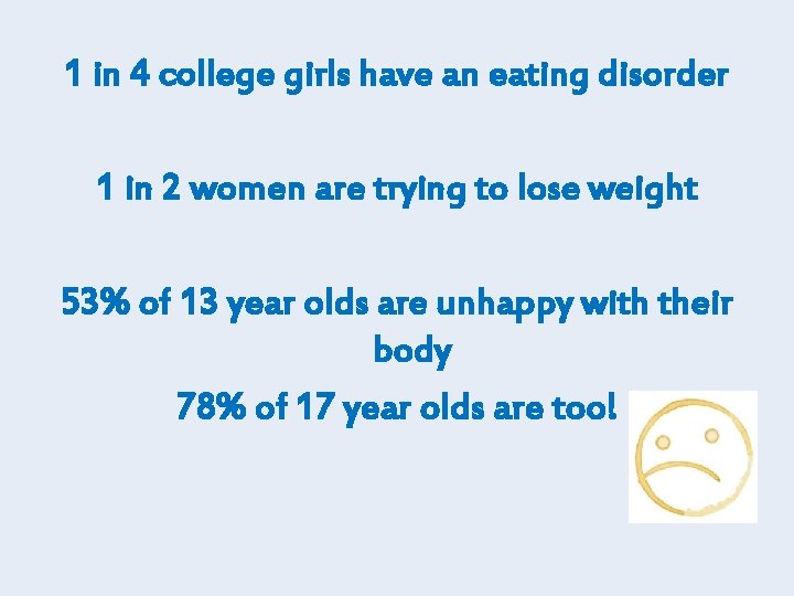 1 in 4 college girls have an eating disorder 1 in 2 women are