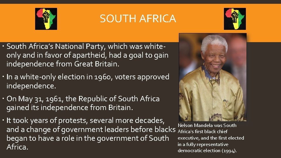 SOUTH AFRICA South Africa’s National Party, which was whiteonly and in favor of apartheid,