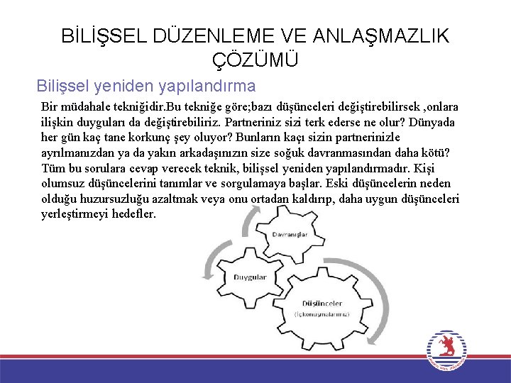 BİLİŞSEL DÜZENLEME VE ANLAŞMAZLIK ÇÖZÜMÜ Bilişsel yeniden yapılandırma Bir müdahale tekniğidir. Bu tekniğe göre;