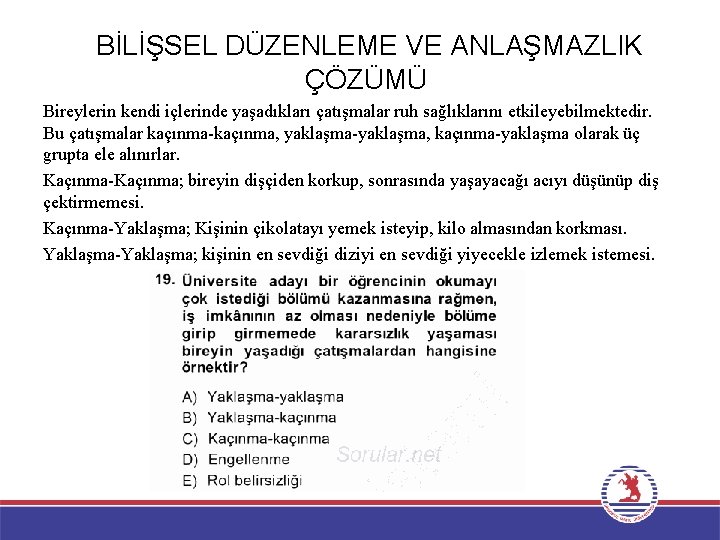 BİLİŞSEL DÜZENLEME VE ANLAŞMAZLIK ÇÖZÜMÜ Bireylerin kendi içlerinde yaşadıkları çatışmalar ruh sağlıklarını etkileyebilmektedir. Bu