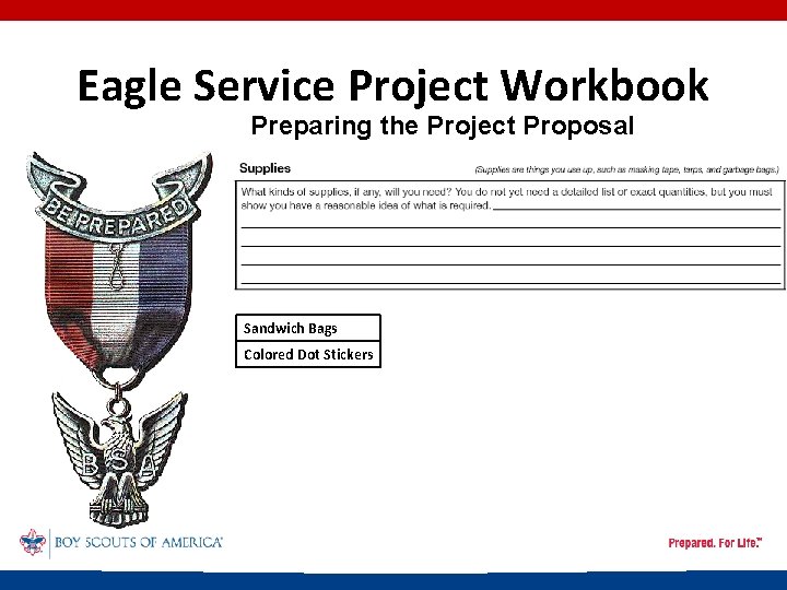 Eagle Service Project Workbook Preparing the Project Proposal Sandwich Bags Colored Dot Stickers 