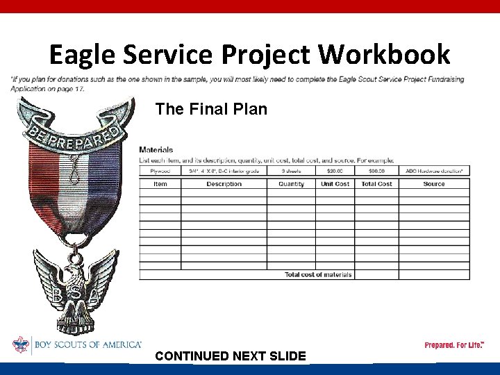 Eagle Service Project Workbook The Final Plan CONTINUED NEXT SLIDE 