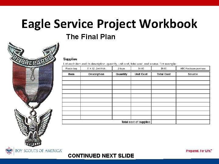 Eagle Service Project Workbook The Final Plan CONTINUED NEXT SLIDE 