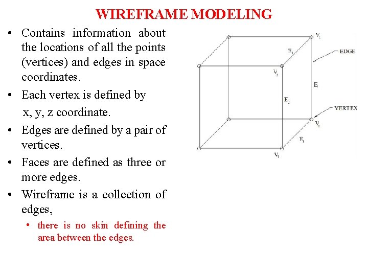 WIREFRAME MODELING • Contains information about the locations of all the points (vertices) and