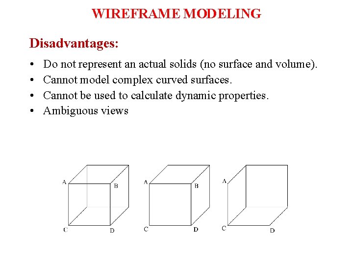 WIREFRAME MODELING Disadvantages: • • Do not represent an actual solids (no surface and