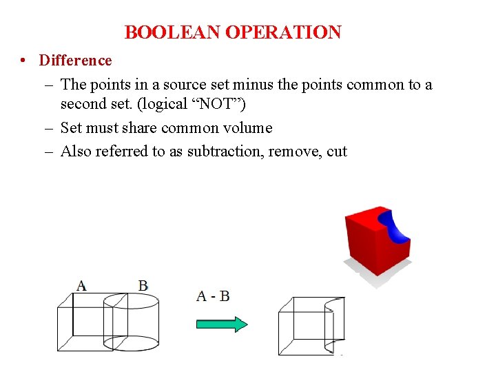 BOOLEAN OPERATION • Difference – The points in a source set minus the points