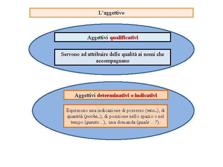 L’aggettivo Aggettivi qualificativi Servono ad attribuire delle qualità ai nomi che accompagnano Aggettivi determinativi