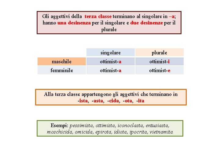 Gli aggettivi della terza classe terminano al singolare in –a; hanno una desinenza per