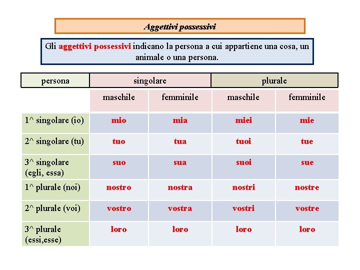 Aggettivi possessivi Gli aggettivi possessivi indicano la persona a cui appartiene una cosa, un