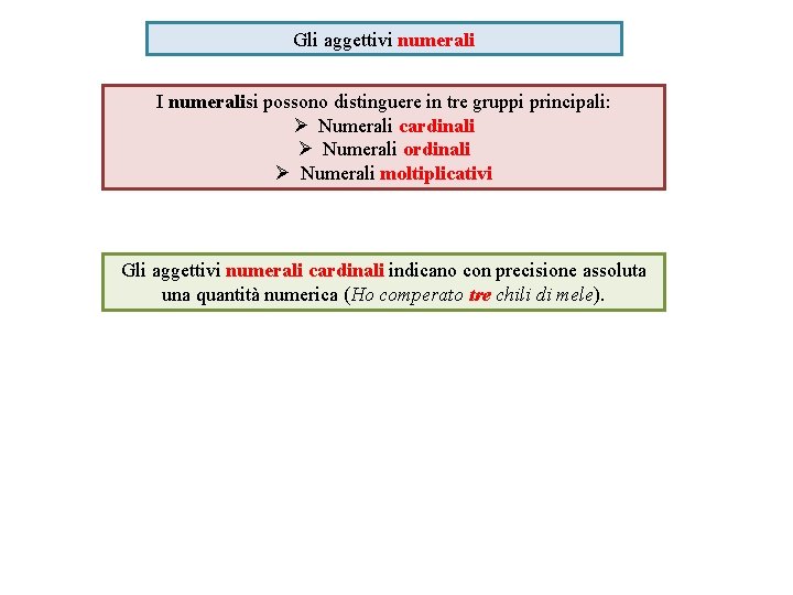 Gli aggettivi numerali I numeralisi possono distinguere in tre gruppi principali: Ø Numerali cardinali