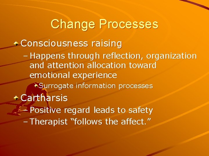 Change Processes Consciousness raising – Happens through reflection, organization and attention allocation toward emotional