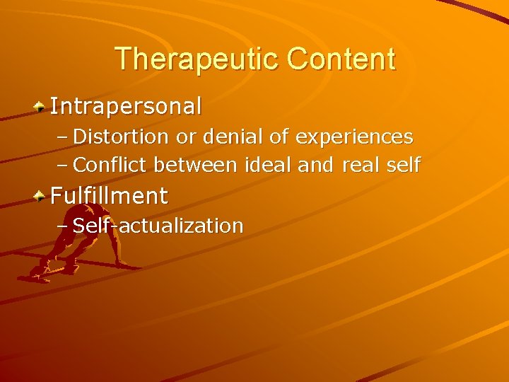 Therapeutic Content Intrapersonal – Distortion or denial of experiences – Conflict between ideal and