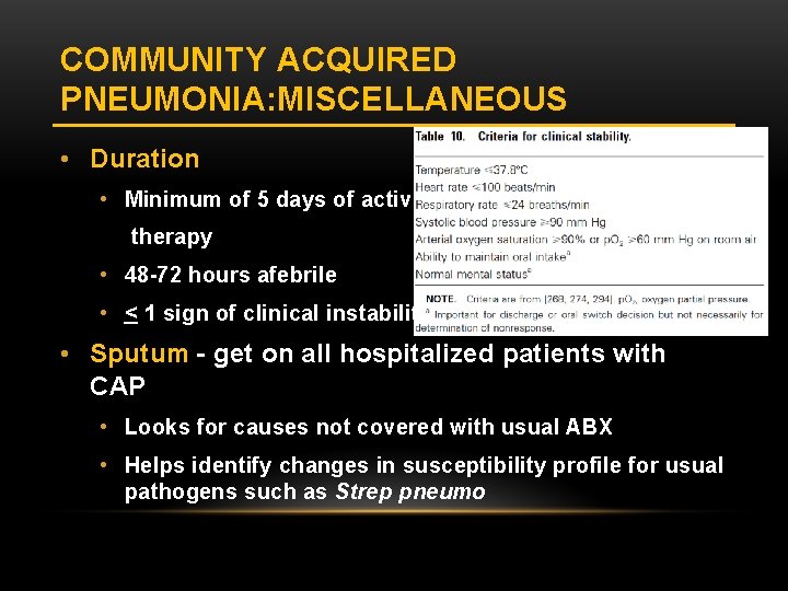 COMMUNITY ACQUIRED PNEUMONIA: MISCELLANEOUS • Duration • Minimum of 5 days of active therapy