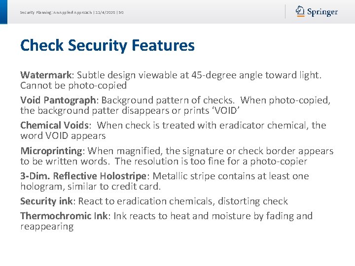 Security Planning: An Applied Approach | 11/4/2020 | 50 Check Security Features Watermark: Subtle