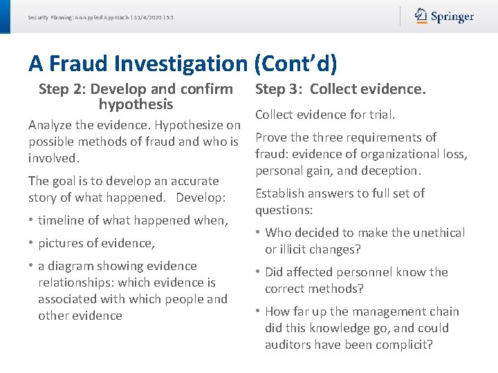 Security Planning: An Applied Approach | 11/4/2020 | 53 A Fraud Investigation (Cont’d) Step