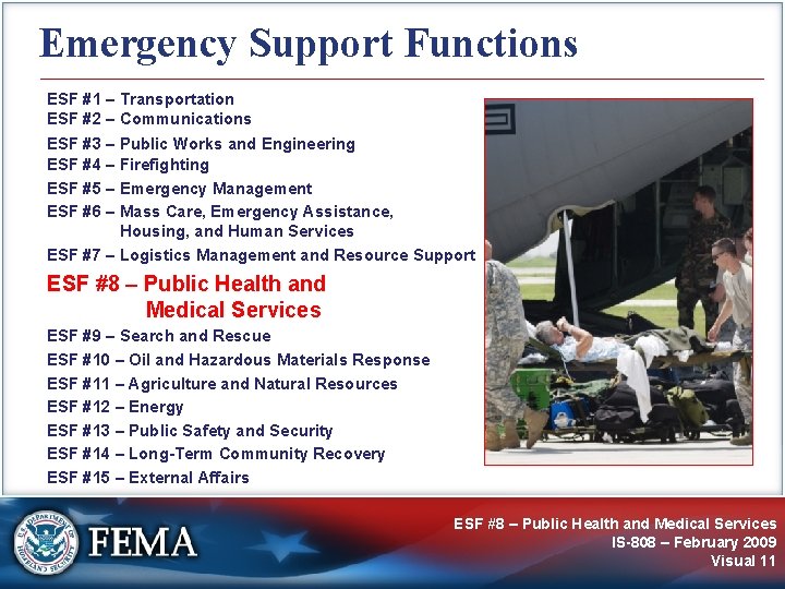 Emergency Support Functions ESF #1 – Transportation ESF #2 – Communications ESF #3 –