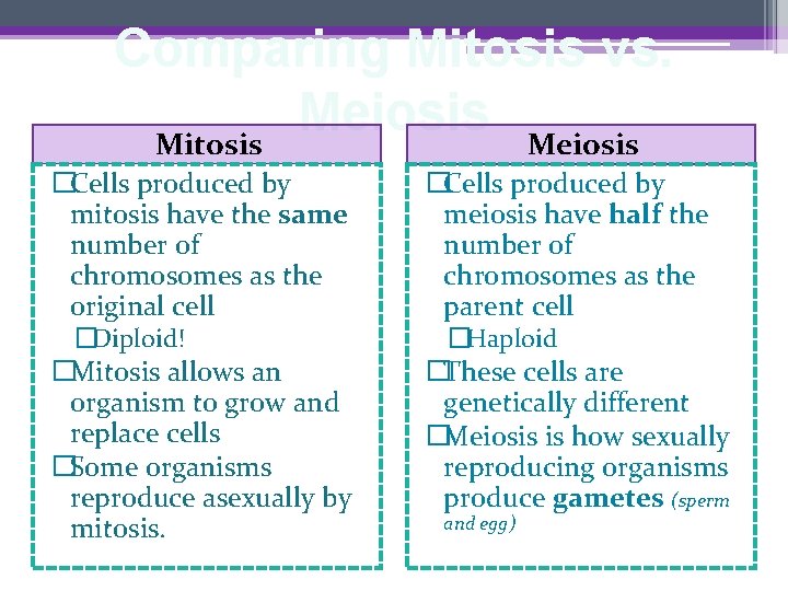 Comparing Mitosis vs. Meiosis Mitosis Meiosis �Cells produced by mitosis have the same number