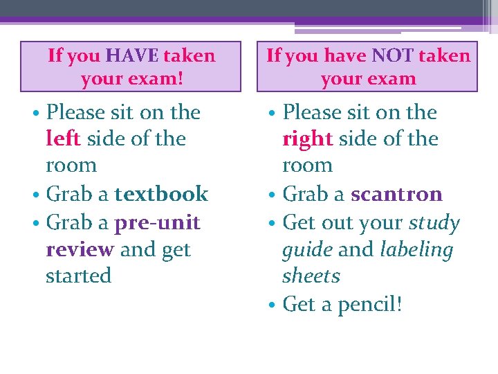 If you HAVE taken your exam! • Please sit on the left side of