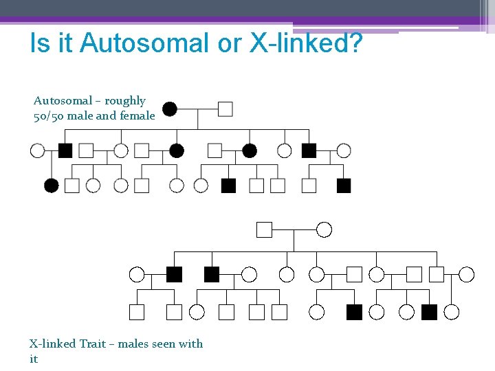 Is it Autosomal or X-linked? Autosomal – roughly 50/50 male and female X-linked Trait