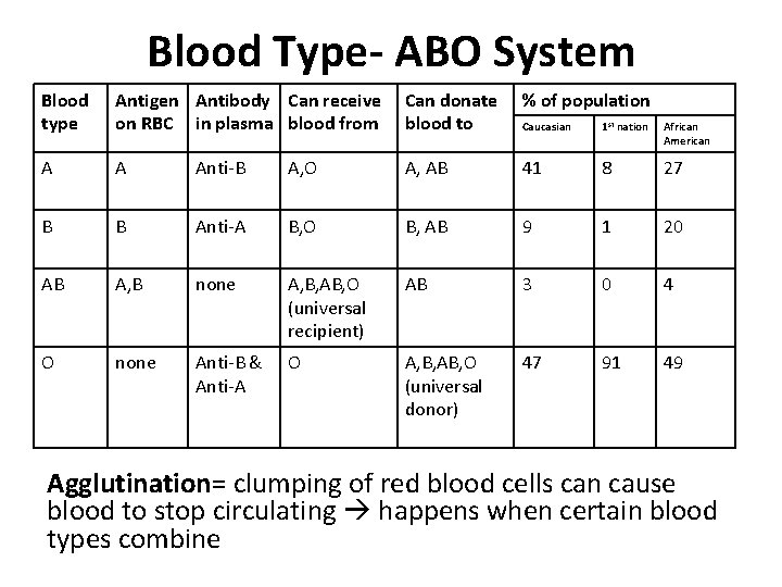Blood Type- ABO System Blood type Antigen Antibody Can receive on RBC in plasma