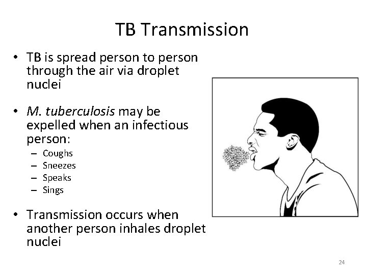 TB Transmission • TB is spread person to person through the air via droplet