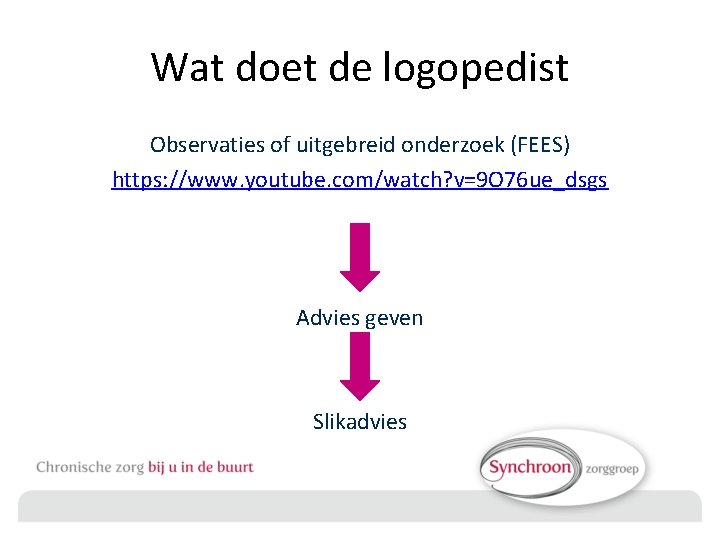 Wat doet de logopedist Observaties of uitgebreid onderzoek (FEES) https: //www. youtube. com/watch? v=9