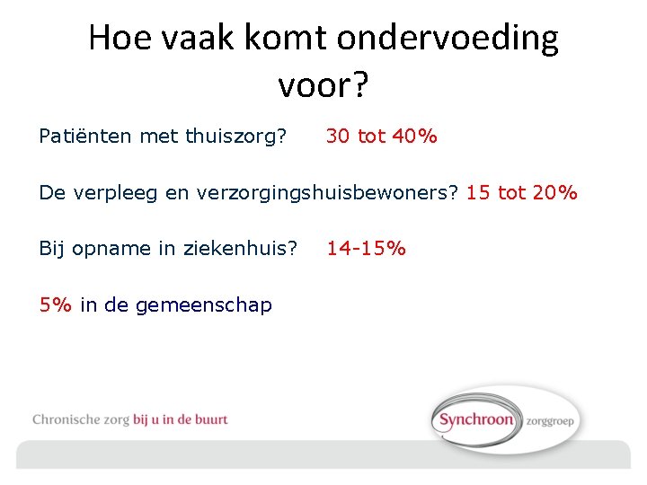 Hoe vaak komt ondervoeding voor? Patiënten met thuiszorg? 30 tot 40% De verpleeg en