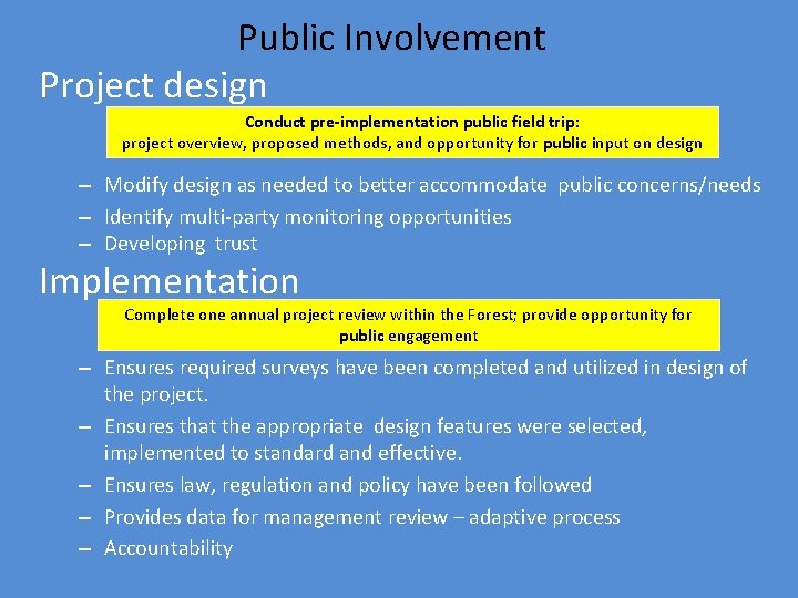 Public Involvement Project design Conduct pre-implementation public field trip: project overview, proposed methods, and