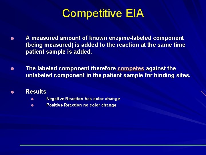 Competitive EIA A measured amount of known enzyme-labeled component (being measured) is added to