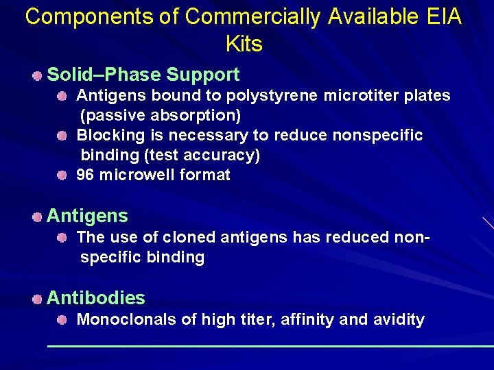 Components of Commercially Available EIA Kits Solid–Phase Support Antigens bound to polystyrene microtiter plates