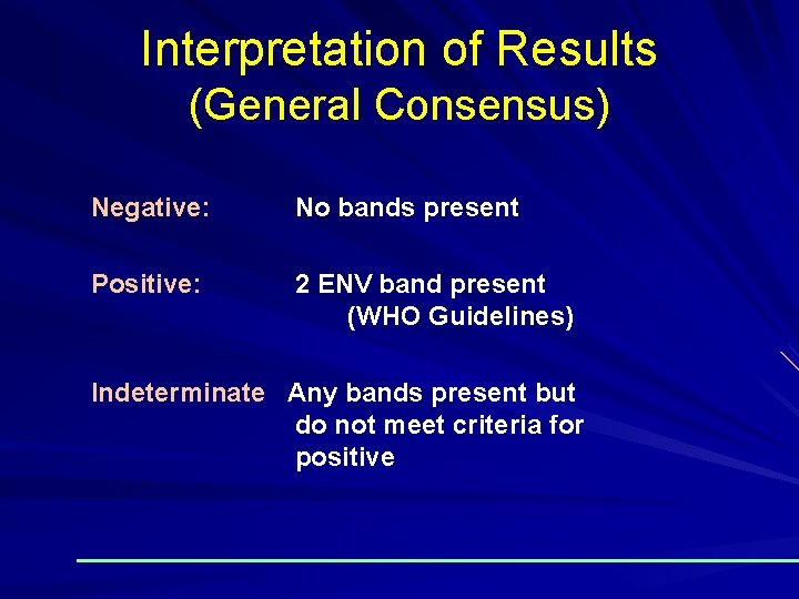 Interpretation of Results (General Consensus) Negative: No bands present Positive: 2 ENV band present