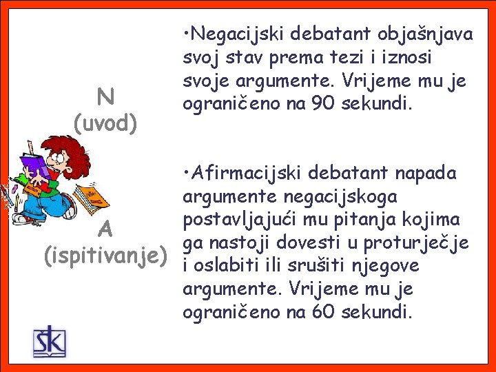 N (uvod) • Negacijski debatant objašnjava svoj stav prema tezi i iznosi svoje argumente.
