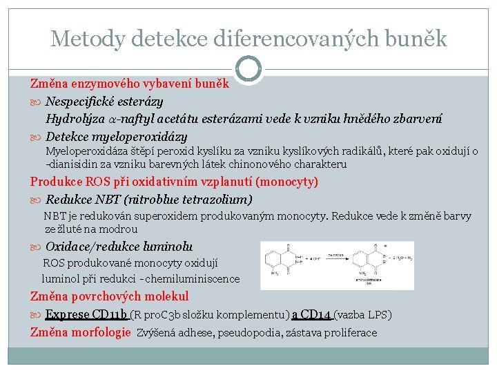 Metody detekce diferencovaných buněk Změna enzymového vybavení buněk Nespecifické esterázy Hydrolýza a-naftyl acetátu esterázami